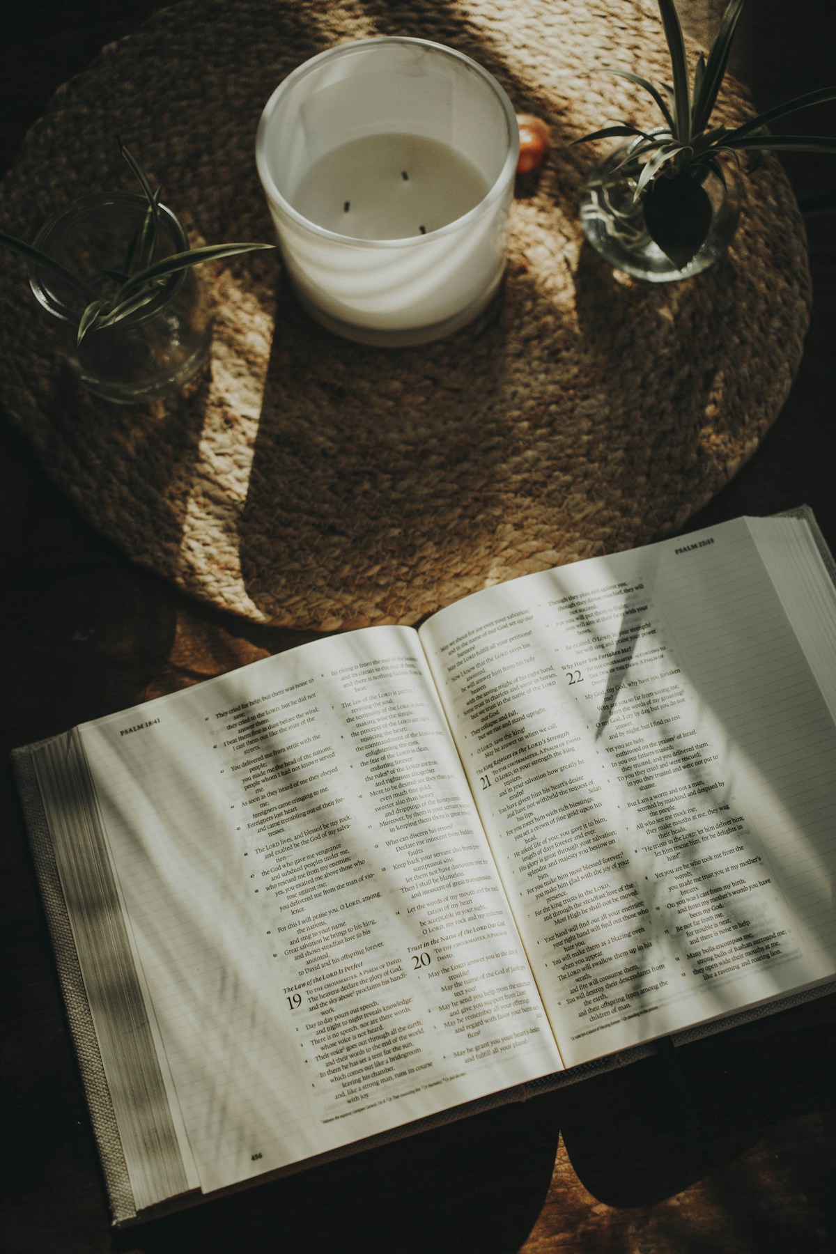 An open Bible on a wooden table in soft morning light